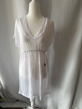 Lole White V-Neck Sheer Hooded Cover-Up Dress